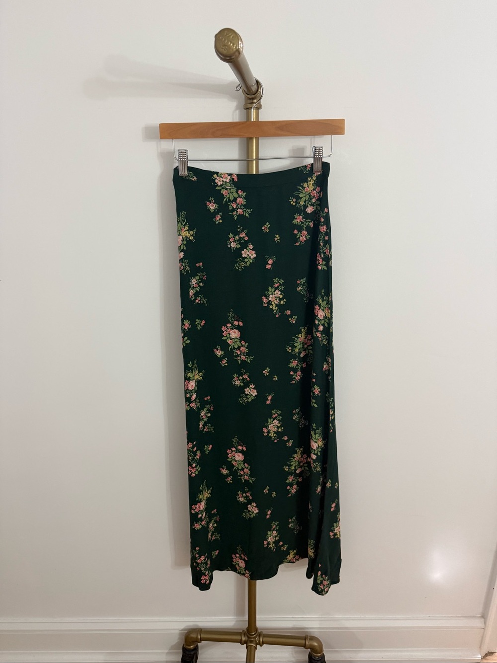 reformation dark green maxi skirt